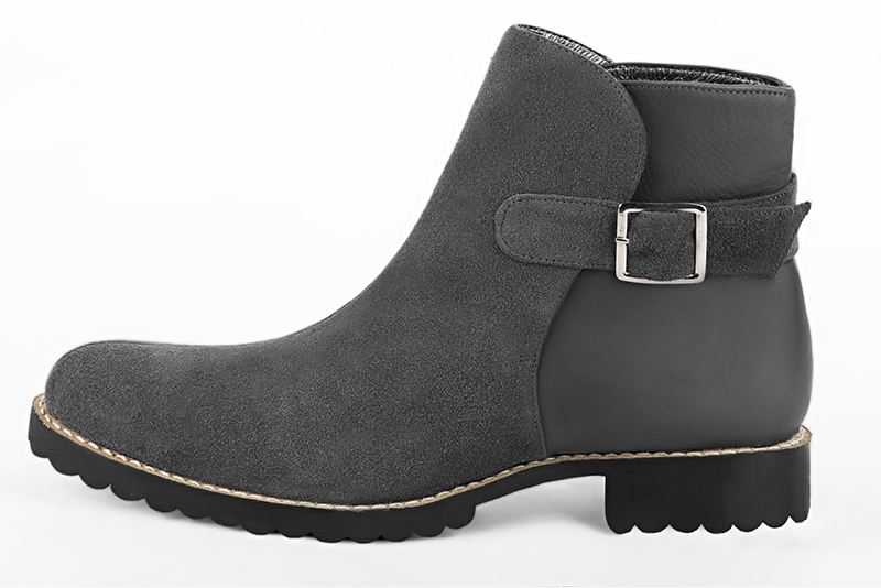 Dark grey dress ankle boots for men. Round toe. Flat rubber soles. Profile view - Florence KOOIJMAN